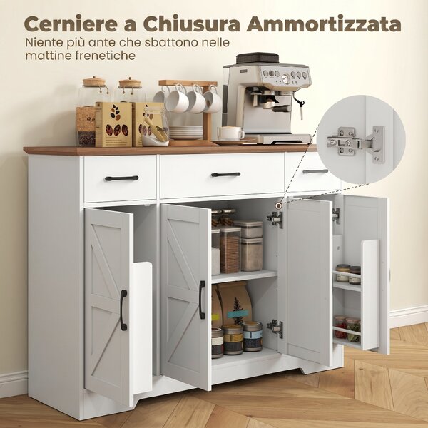 HOMCOM Credenza Cucina Rustico, Mobile Cucina con Ante Soft-Close, 3 Cassetti, 3 Ripiani Regolabili, Portaspezie, Bianco | Aosom Italy