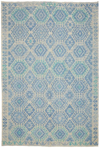 Tappeto Kilim Afghanistan Geometrico Azzurro Turchese Crema 201x298 Cm