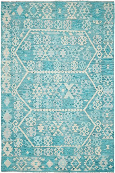 Tappeto Kilim Afghanistan Geometrico Turchese Crema 200x302 Cm
