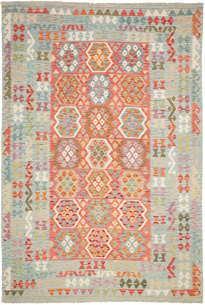 Tappeto Kilim Afghanistan Geometrico Azzurro Corallo 209x309 Cm