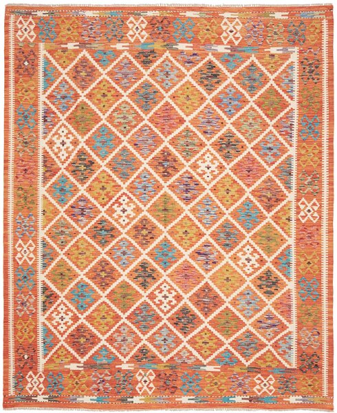 Tappeto Kilim Afghanistan Geometrico Arancione Terracotta Multicolore 201x242 Cm