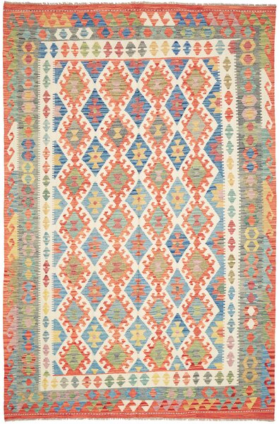 Tappeto Kilim Afghanistan Geometrico Bianco Blu 195x299 Cm