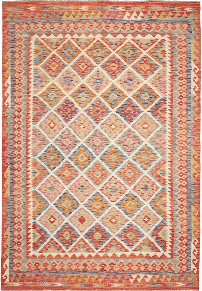 Tappeto Kilim Afghanistan Astratto Terracotta Blu 205x294 Cm