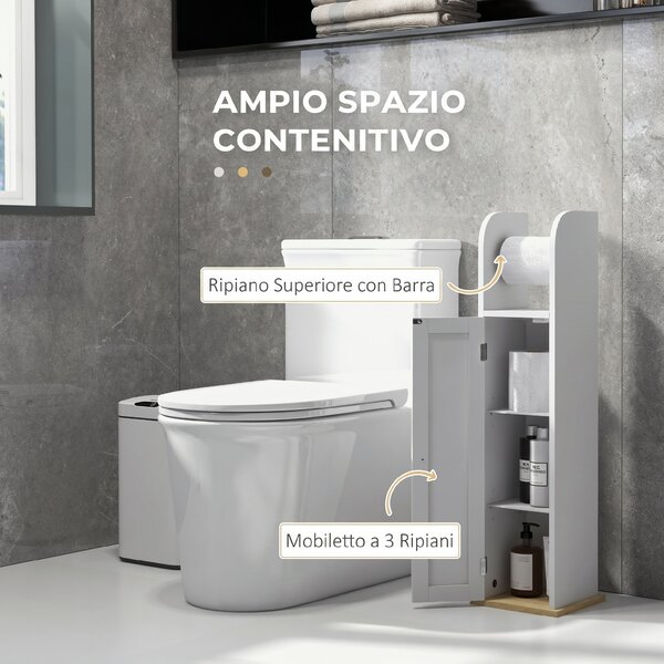 Kleankin Mobile Bagno Salvaspazio con Porta Carta Igienica e Ripiani, Mobiletto Stretto Moderno per Lavanderia, 20x20x80 cm, Bianco | Aosom Italy
