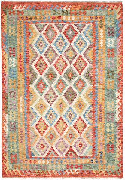 Tappeto Kilim Afghanistan Geometrico Multicolore Arancione 207x295 Cm