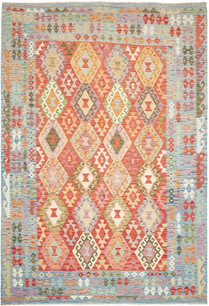 Tappeto Kilim Afghanistan Geometrico Azzurro Arancio 203x291 Cm