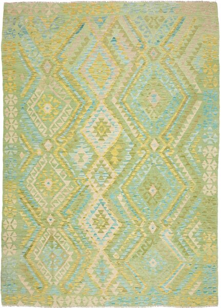 Tappeto Kilim Afghanistan Geometrico Verde Azzurro 207x289 Cm
