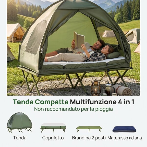 Outsunny Set da Campeggio Tenda Letto 2 Persone Materasso Gonfiabile con Borsa per il Trasporto in Polietilene, Verde Scuro
