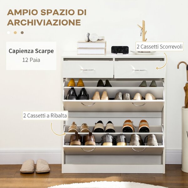 HOMCOM Mobile Scarpiera da 12 Paia con 2 Ripiani Interni Regolabili e 2 Cassetti, in Legno, 80x30x91.5 cm, Bianco | Aosom Italy
