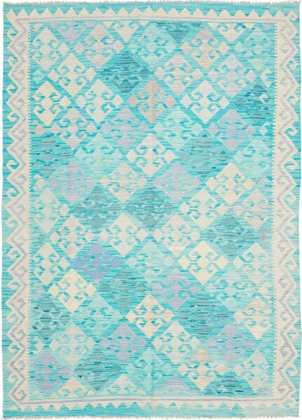 Tappeto Kilim Afghanistan Geometrico Turchese Crema 177x240 Cm
