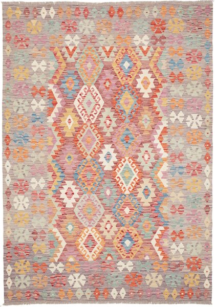 Tappeto Kilim Afghanistan Geometrico Grigio Rosso 174x241 Cm