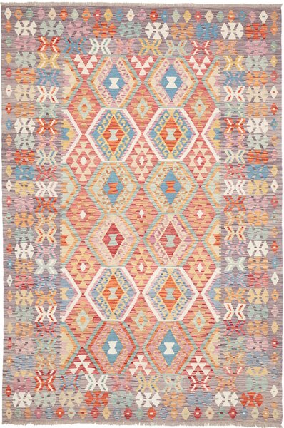 Tappeto Kilim Afghanistan Geometrico Grigio Colori Vivaci 179x243 Cm