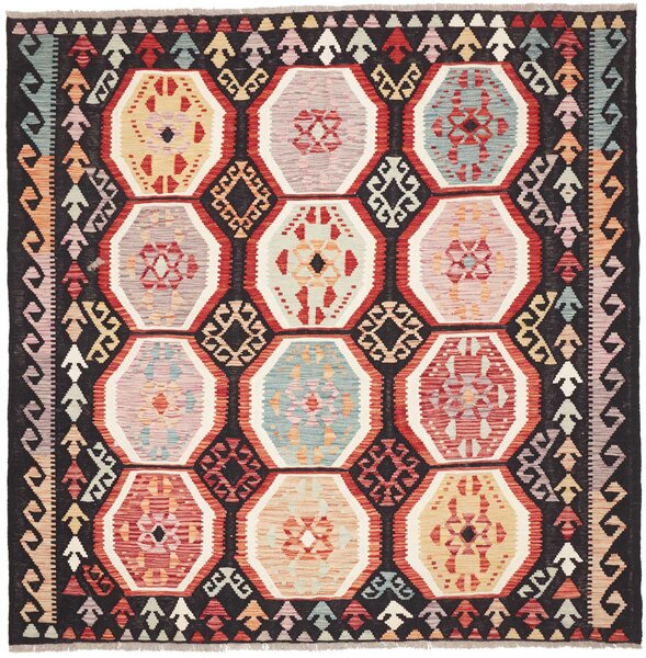Tappeto Kilim Afghanistan Astratto Nero Multicolore 197x197 Cm