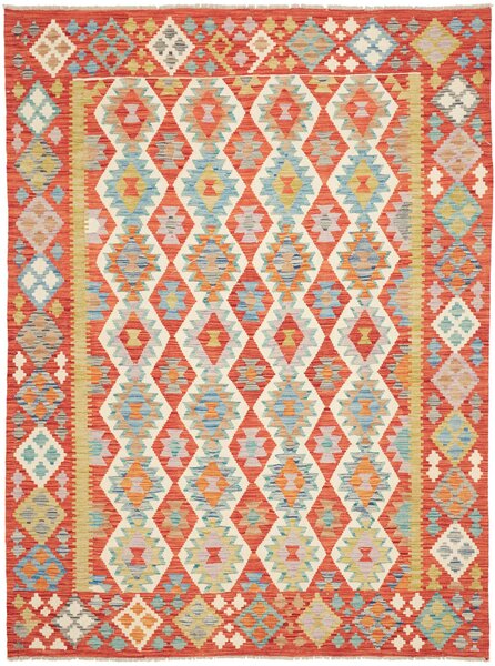 Tappeto Kilim Afghanistan Astratto Rosso Mattone Azzurro 184x246 Cm