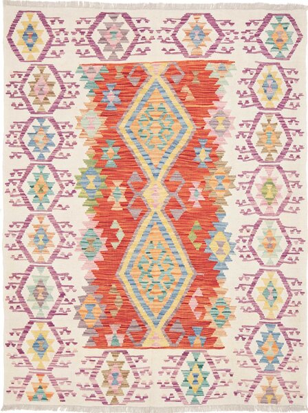 Tappeto Kilim Afghanistan Geometrico Crema Rosso 152x197 Cm