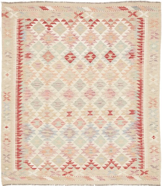 Tappeto Kilim Afghanistan Geometrico Crema Rosso 154x195 Cm