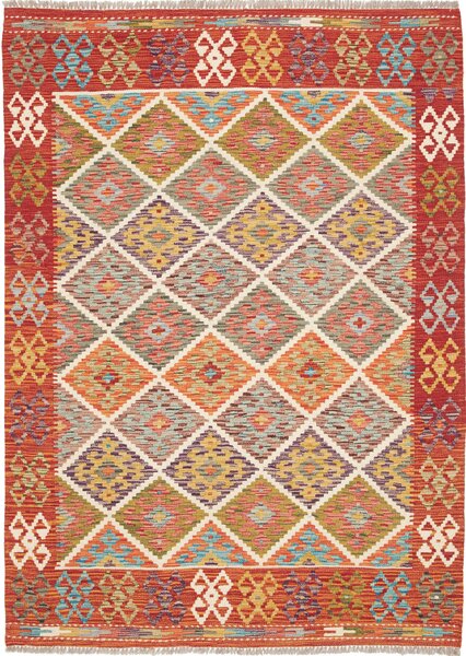 Tappeto Kilim Afghanistan Geometrico Rosso Multicolore 133x183 Cm