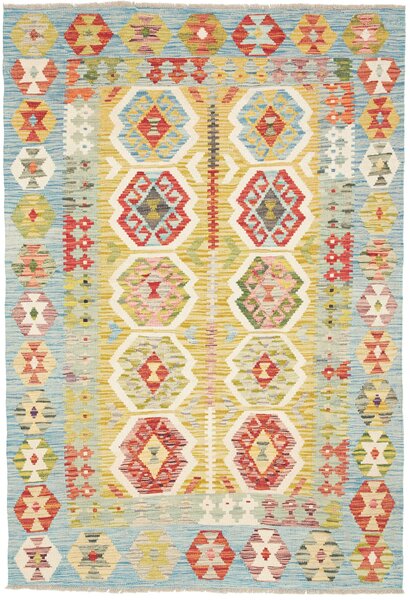 Tappeto Kilim Afghanistan Geometrico Giallo Azzurro 121x177 Cm
