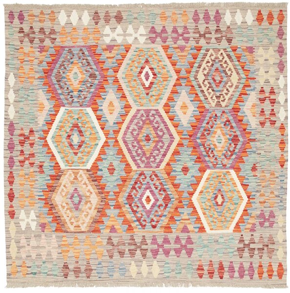 Tappeto Kilim Afghanistan Geometrico Grigio Multicolore 147x147 Cm
