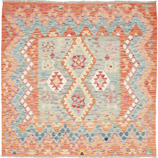 Tappeto Kilim Afghanistan Geometrico Azzurro Arancione 155x150 Cm