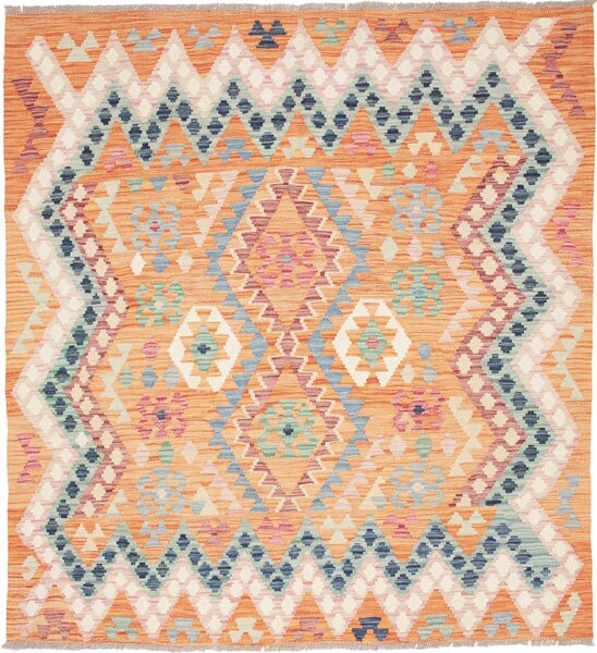 Tappeto Kilim Afghanistan Geometrico Arancione Multicolore 151x164 Cm