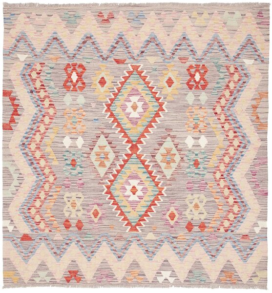 Tappeto Kilim Afghanistan Geometrico Grigio Multicolore Vibrante 149x156 Cm