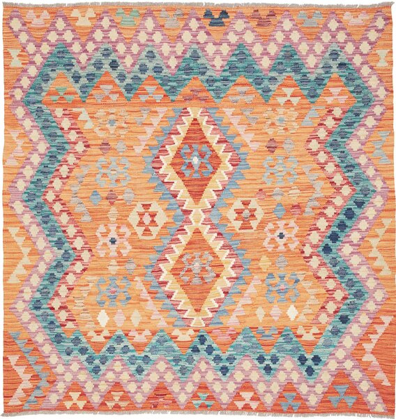 Tappeto Kilim Afghanistan Geometrico Arancio Blu 156x164 Cm