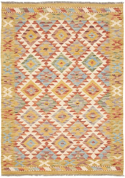 Tappeto Kilim Afghanistan Astratto Crema Giallo Azzurro 104x145 Cm