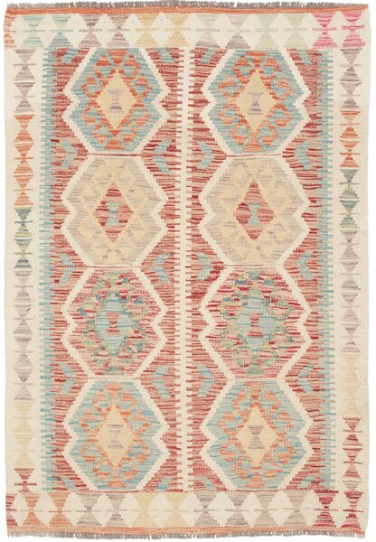 Tappeto Kilim Afghanistan Astratto Crema Rosso 100x141 Cm