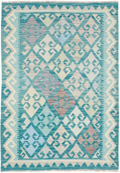 Tappeto Kilim Afghanistan Geometrico Turchese Crema 102x149 Cm