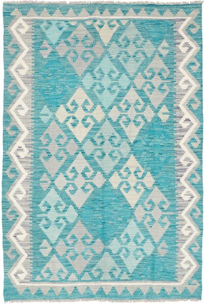 Tappeto Kilim Afghanistan Geometrico Turchese Grigio 106x159 Cm