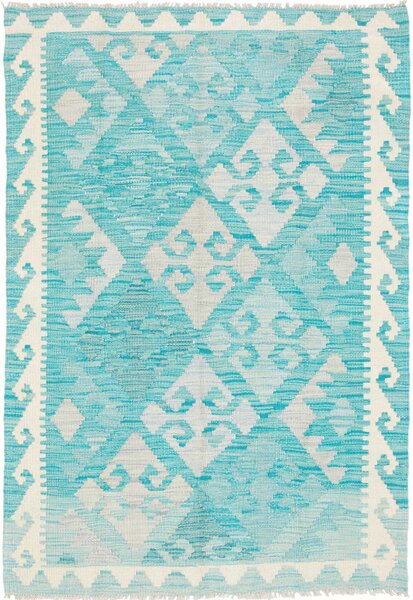 Tappeto Kilim Afghanistan Astratto Turchese Crema 95x142 Cm