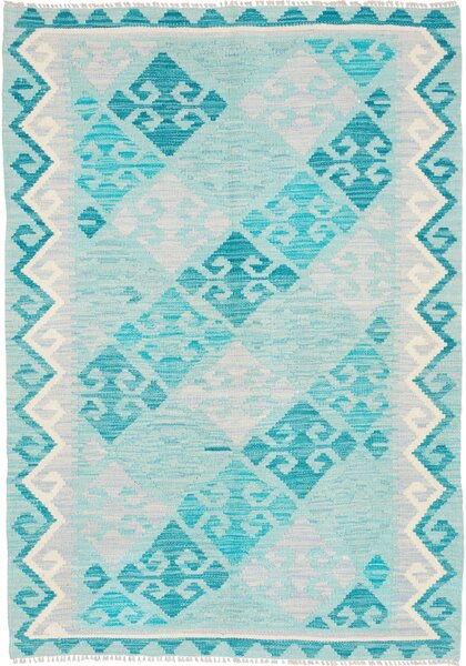 Tappeto Kilim Afghanistan Geometrico Turchese Azzurro Bianco 105x149 Cm