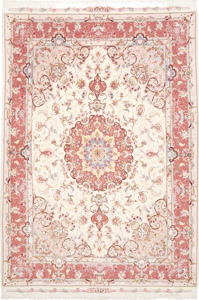 Tappeto Tabriz 70 Raj Persia Medaglione Avorio Rosa Antico 149x220 Cm