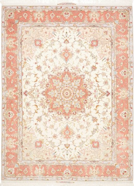 Tappeto Tabriz 70 Raj Persia Medaglione Avorio Corallo 155x213 Cm