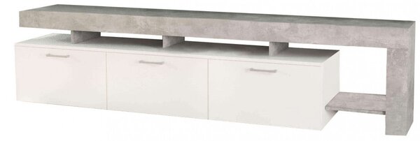 Mobile basso porta tv da interno soggiorno con 3 cassetti e ripiano laterale in legno nobilitato bilaminato Robbert - Bianco e grigio cemento