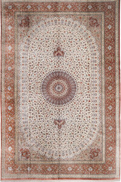 Tappeto Ghom Seta Persia Medaglione Crema Terracotta 394x620 Cm