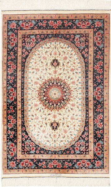 Tappeto Ghom Seta Persia Medaglione Crema Blu 80x122 Cm