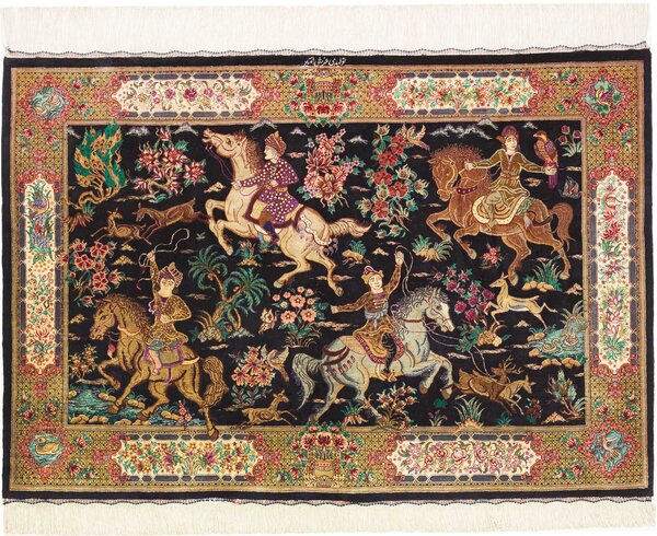 Tappeto Ghom Seta Persia Floreale Nero Colori Vivaci 80x115 Cm
