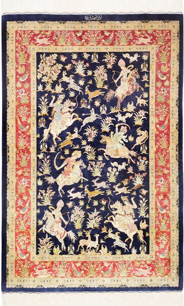 Tappeto Ghom Seta Persia Floreale Blu Notte Rosso 97x147 Cm