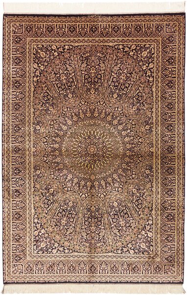 Tappeto Ghom Seta Persia Medaglione Marrone Scuro Beige 133x197 Cm