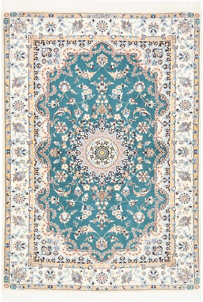 Tappeto Nain 6la Persia Medaglione Verde Acqua Crema 127x181 Cm