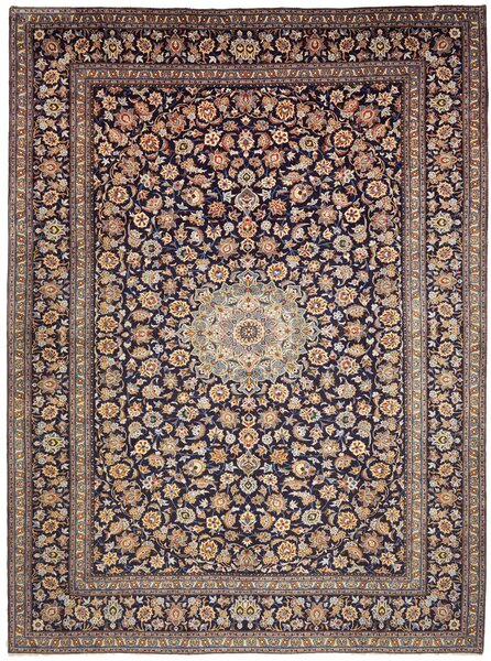 Tappeto Kashan Persia Medaglione Blu Notte Avorio 305x412 Cm
