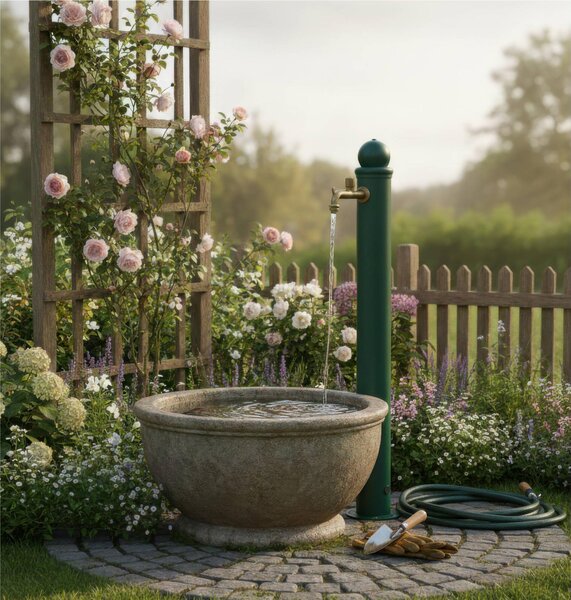 Fontana da Giardino con Rubinetto Stile Romantico Dimensioni 16x30xh107 cm - peso 5,5kg con tubo rubinetto, Garantita contro la ruggine Colore verde
