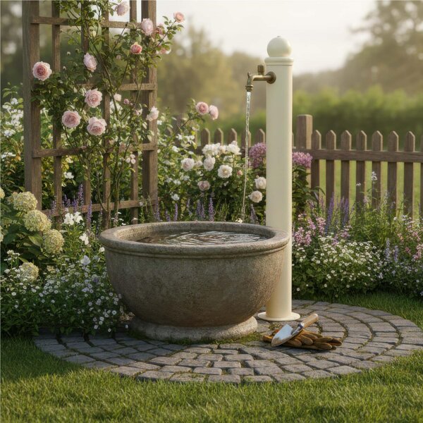 Fontana da Giardino con Rubinetto Stile Romantico Dimensioni 16x30xh107 cm - peso 5,5kg con tubo rubinetto, Garantita contro la ruggine Colore Avorio