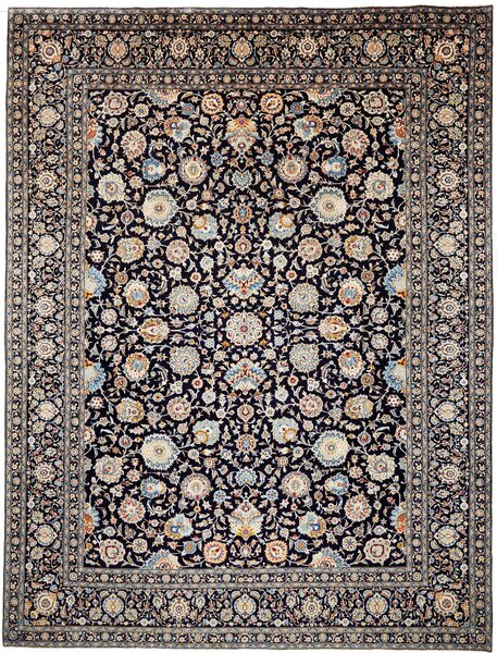 Tappeto Kashan Persia Floreale Blu Notte Avorio 323x437 Cm
