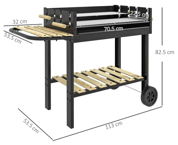Outsunny Barbecue a Carbonella ad Altezza Regolabile con 2 Griglie e 2 Ripiani, in Metallo e Legno, 113x53.5x82.5 cm, Nera
