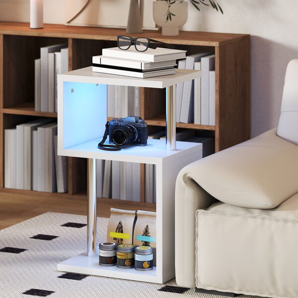 HOMCOM Tavolino con Luce LED a 3 Livelli con Ripiani e Struttura in Alluminio per Soggiorno Camera da Letto 44x38x75 cm Bianco | Aosom Italy