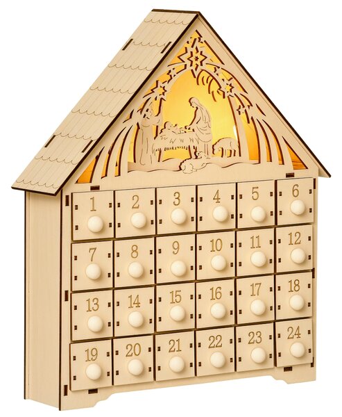 HOMCOM Calendario dell'Avvento in Legno con 24 Cassetti, Decorazione Natalizia con Presepe Intagliato e Luci, 26.6x6x30cm