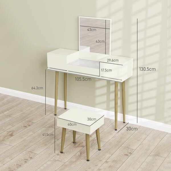 HOMCOM Set Tavolo da Trucco con 3 Cassetti e Specchio con Sgabello da Trucco Portaoggetti, Bianco | Aosom Italy